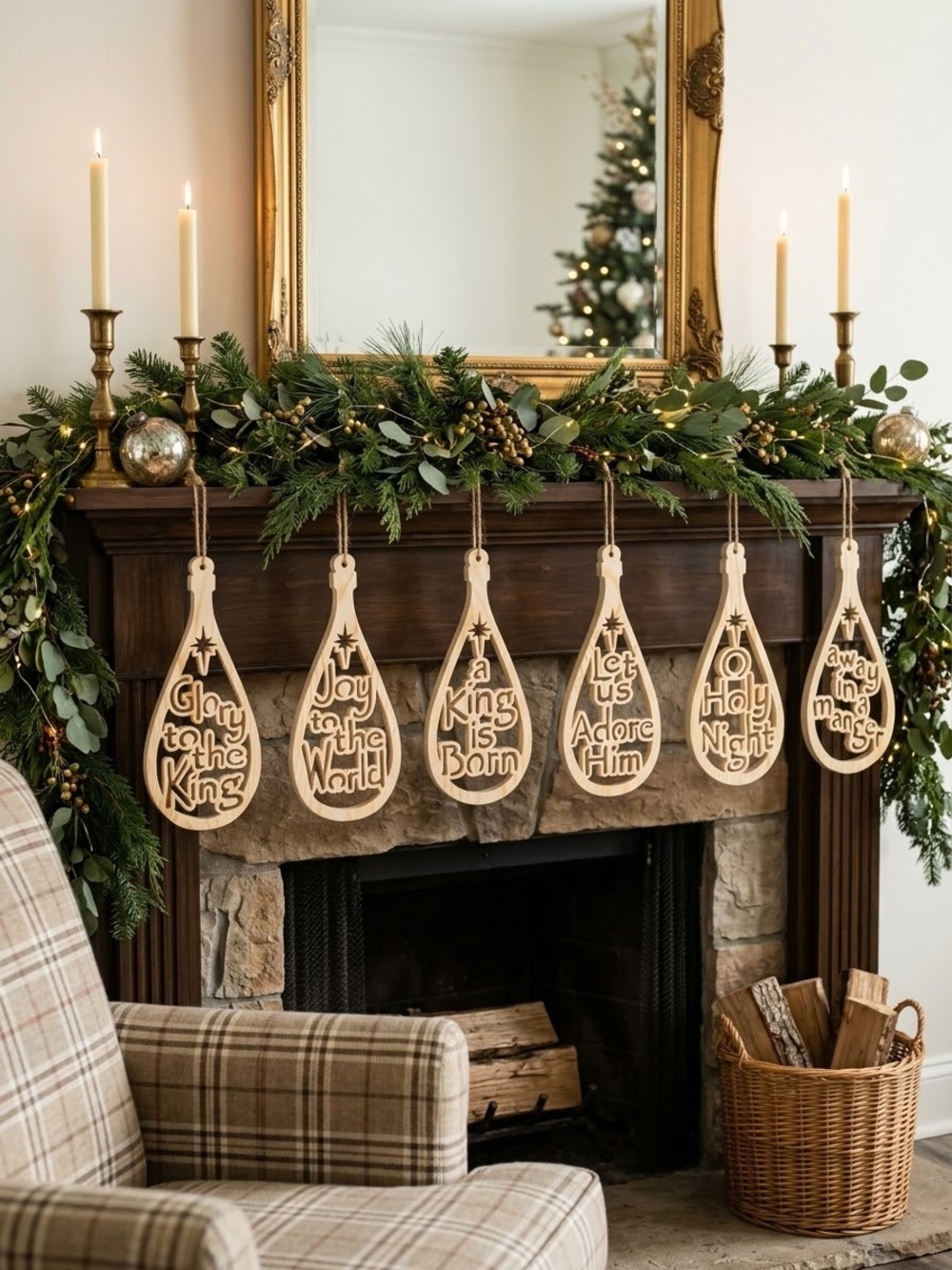 Set of 6 Wooden Teardrop Christmas Hanging Ornaments, Hymn Text, 12x5 in